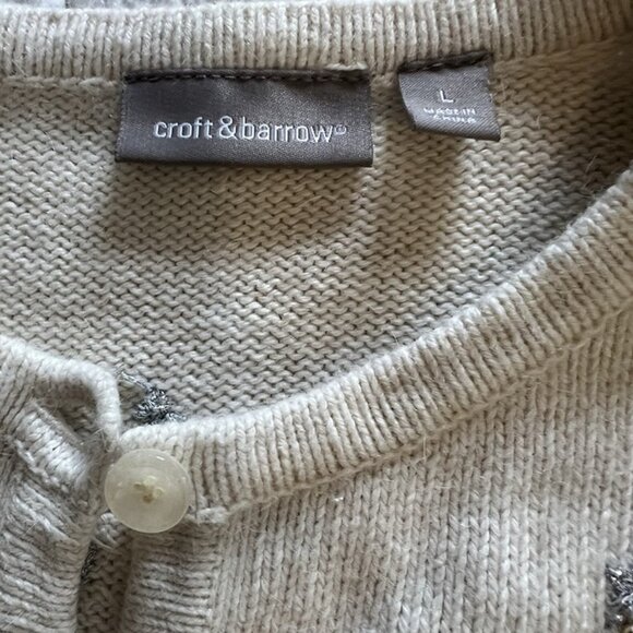 Croft & Barrow Christmas Sweater Cardigan Beaded Tree Snowflakes Ivory sz L - Picture 9 of 9